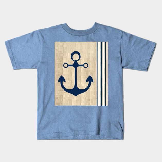 Nautical Boat Yacht Ship Anchor Burlap Navy Blue White Stripes Pattern Kids T-Shirt by ernstc